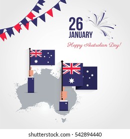 26 january. Australia Day greeting card. Celebration background with  waving flags, map and bunting flags. Vector flat  illustration
