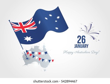 26 january. Australia Day greeting card. Celebration background with realistic waving flag, map and bunting flags. Vector flat  illustration