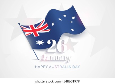 26 january. Australia Day greeting card. Celebration background with realistic waving australian flag. Vector flat  illustration