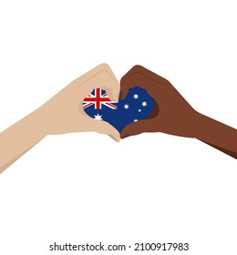 26 january. Australia Day. Vector flat illustration. Flags, hands, hearts.