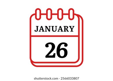 26 January calendar icon text page monthly web design on red, black and white background vector, icon, or illustration with the month of January 26