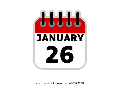 26 January calendar icon text page monthly web design on red, black and white background vector, icon, or illustration with the month of January 26
