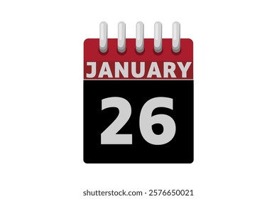 26 January calendar icon text page monthly web design on red, black and white background vector, icon, or illustration with the month of January 26