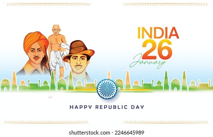 26 january with flag art indian celebration happy republic day India greetings. vector illustration design.