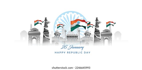 26 january with flag art indian celebration happy republic day India greetings. vector illustration design.