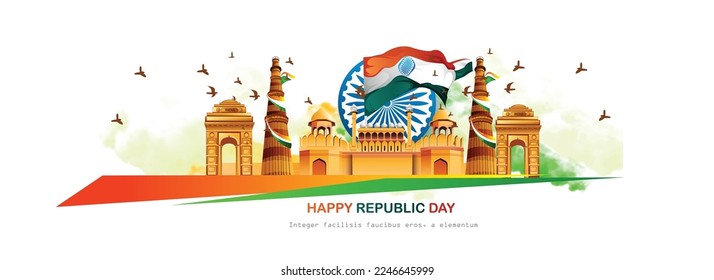 26 january with flag art indian celebration happy republic day India greetings. vector illustration design.