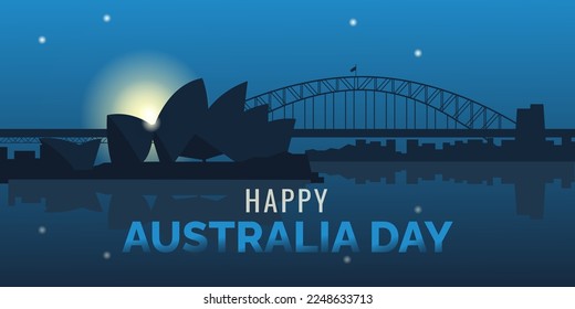 26 de enero Feliz Día de Australia Banner horizontal. Silueta de ópera de casa sobre ilustración vectorial de fondo nocturno.   
