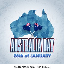 26 January Happy Australia Day. Retro Grunge Background, Flag, Polygonal Map Illustration and Vector Elements National Concept Greeting Card, Poster or Web Banner Design
