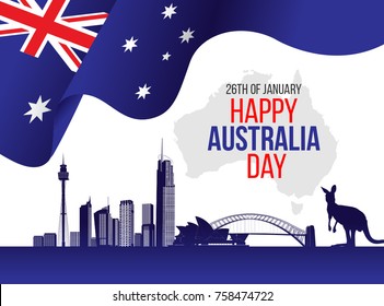 26 January Happy Australia Day. City Background and Flag Illustration and Vector Elements National Concept Greeting Card, Poster or Web Banner Design
