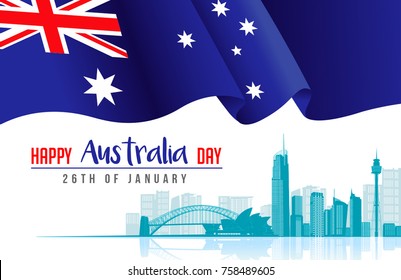 26 January Happy Australia Day. City Background and Flag Illustration and Vector Elements National Concept Greeting Card, Poster or Web Banner Design