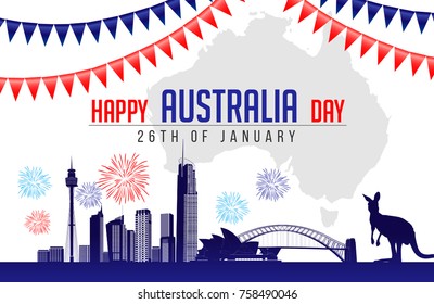 26 de janeiro Feliz Dia da Austrália. Fundo da cidade e Ilustração da Bandeira e Elementos Vetoriais Cartão Nacional Conceito, Poster ou Web Banner Design