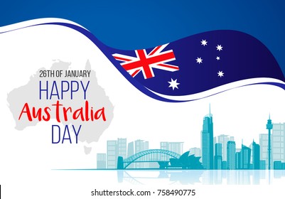 26 January Happy Australia Day. City Background and Flag Illustration and Vector Elements National Concept Greeting Card, Poster or Web Banner Design