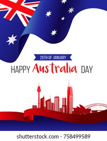 26 January Happy Australia Day. City Background and Flag Illustration and Vector Elements National Concept Greeting Card, Poster or Web Banner Design