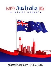 26 January Happy Australia Day. City Background And Flag Illustration And Vector Elements National Concept Greeting Card, Poster Or Web Banner Design