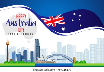 26 January Happy Australia Day. City Background and Flag Illustration and Vector Elements National Concept Greeting Card, Poster or Web Banner Design