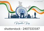 26 January - Happy Republic Day of India Banner Design. Indian Republic Day Celebration with Indian Flag Waves and Text. Famous Indian Landmarks with Ashoka Chakra