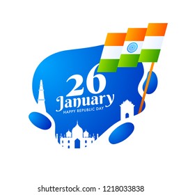 26 January, Happy Republic Day celebration greeting card design with famous monuments of Indian and waving Indian flag on white background. 