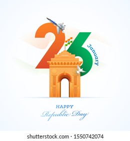 26 January, Happy Republic Day poster or template design with India Gate, tricolor flag and fighter jet on white background.