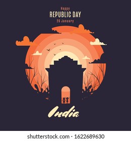 26 January, Happy Republic Day Poster Design with Silhouette Kids Holding Indian Flag and India Gate Monument on Sunset Purple Background.