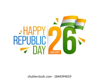 26 January Happy Republic Day Text With Wavy Indian Flag On White Background.