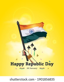 26 January Happy Republic Day, India. Arm waving flag.