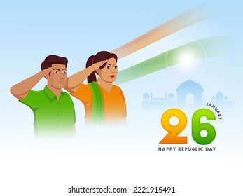 26 January, Happy Republic Day Concept With Young Man And Woman Giving Salute Against Glossy Blue Background.