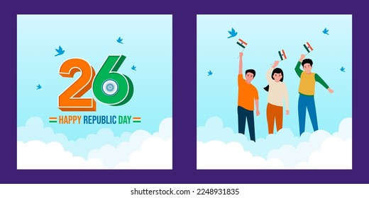 26 January Happy Republic Day text with kids holding the Indian flag illustration vector for Banner ad, Social media, and Card Design.  