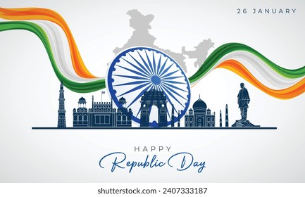26 de enero - Feliz Día de la República de India Diseño de pancartas. Celebración del Día de la República India con olas de bandera y texto. Famosos monumentos indios con Ashoka Chakra