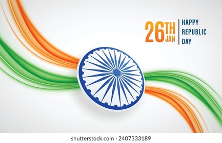 26 January - Happy Republic Day of India Banner Design. Indian Republic Day Celebration with Indian Flag Waves and Text.