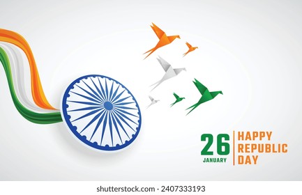 26 de enero - Feliz Día de la República de India Diseño de pancartas. Celebración del Día de la República India con olas de bandera y texto. Ashoka Chakra con pájaros de color originami volando.