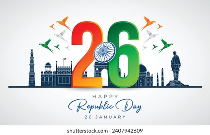 26 January - Happy Republic Day of India Banner Design. Indian Republic Day Celebration with Tricolor Birds and Text. Famous Indian Landmarks with Ashoka Chakra