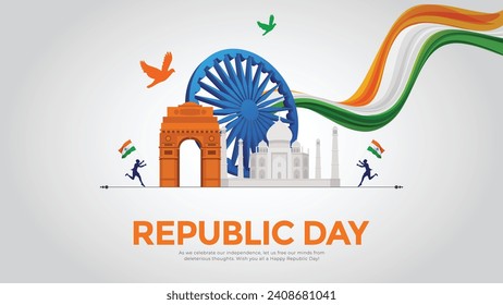 26 de enero - Feliz Día de la República de India Diseño de pancartas. Celebración del Día de la República India con olas de bandera y texto. Famosos monumentos indios con Ashoka Chakra.