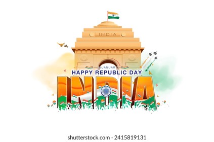 26 january Happy Republic day of india celebration background. Patriotic parade show at india gate with tricolor flag, annual freedom ceremony poster banner design.