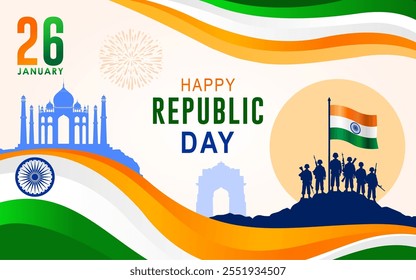 26 de enero - Feliz Día de la República de la India Diseño de Anuncio. Celebración del Día de la República India con un grupo de soldados fuertemente armados y Ondas de Bandera India y Texto. Ilustración vectorial.