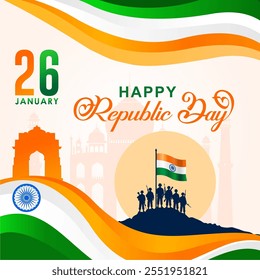 26 de enero - Feliz Día de la República de la India Diseño de Anuncio. Celebración del Día de la República India con un grupo de soldados fuertemente armados y Ondas de Bandera India y Texto.