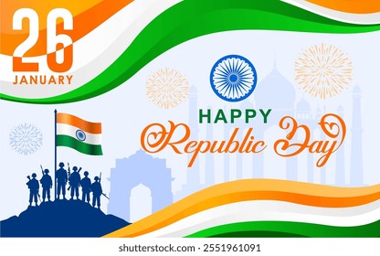 26 de enero - Feliz Día de la República de la India Diseño de Anuncio. Celebración del Día de la República India con un grupo de soldados fuertemente armados y Ondas de Bandera India y Texto.