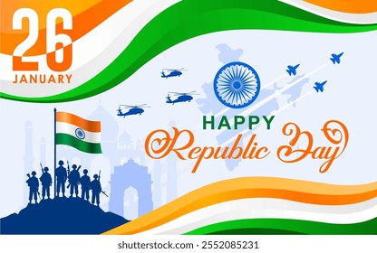 26 de enero - Feliz Día de la República de la India Diseño de Anuncio. Celebración del Día de la República India con un grupo de soldados fuertemente armados, Ondas de Bandera India, silueta de aviones de combate y helicópteros.