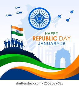 26 de enero - Feliz Día de la República de la India Diseño de Anuncio. Celebración del Día de la República India con un grupo de soldados fuertemente armados, Ondas de Bandera India, silueta de aviones de combate y helicópteros.