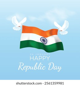 26 January - Happy Republic Day of India Banner Design. Indian Republic Day Celebration . Pigeons flying the Indian flag