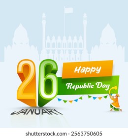 26 January, Happy Republic Day Poster Design with Tutari Player Character on White Silhouette Red Fort Background.