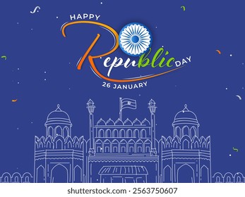 26 January Happy Republic Day Poster with Sketching Red Fort Monument on Blue Background.