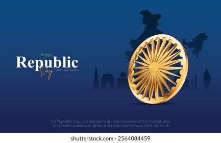 26 January - Happy Republic Day India Banner and Greeting Card. Indian Republic Day Background with 3d Golden Ashoka Chakra, and Text Vector Illustration