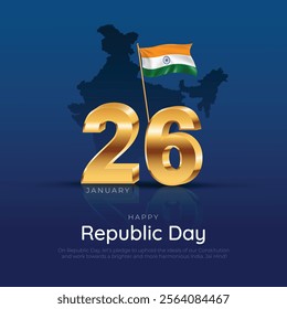 26 January - Happy Republic Day India Post and Greeting Card. Indian Republic Day Celebration Creative Poster with Golden 3d Text and Indian Flag Vector Illustration