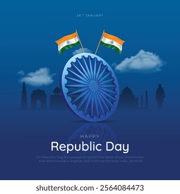 26 January - Happy Republic Day India Post and Flyer Template. Indian Republic Day Celebration Creative Poster with Text and 3d Ashoka Chakra Vector Illustration