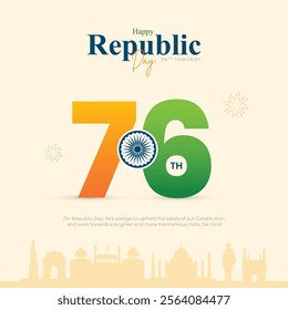 26 January - Happy Republic Day India Post and Greeting Card. 76th Republic Day Celebration Creative Poster with Text and Ashoka Chakra Vector Illustration