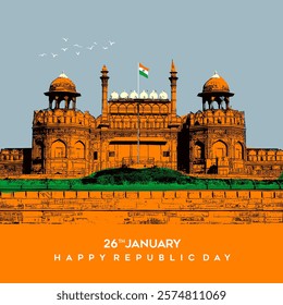 26 January - Happy Republic Day of India Banner Design. Indian Republic Day Celebration with Indian Flag and Text. Famous Indian Red Fort with birds