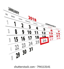 26 January highlighted on calendar 2018. Week starts from Monday. Vector Illustration.