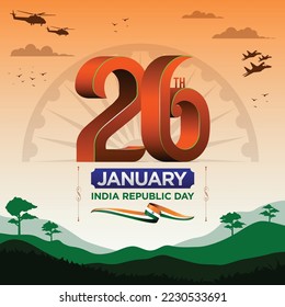 26 January, India Republic day with ribbon, jets, helicopter and with orange background