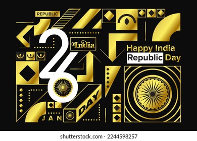 26 January India republic day geometric vector set collection. Luxury vintage gold, bohemian background, poster, banner