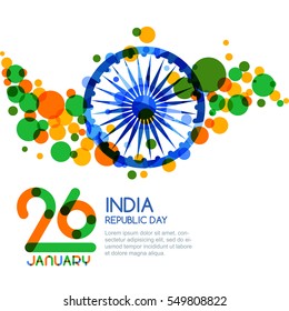 26 of January, India Republic Day. Vector multicolor banner background. India flag colors, trendy lettering and ashoka wheel. Design for greeting card, holiday banner, flyer, poster.